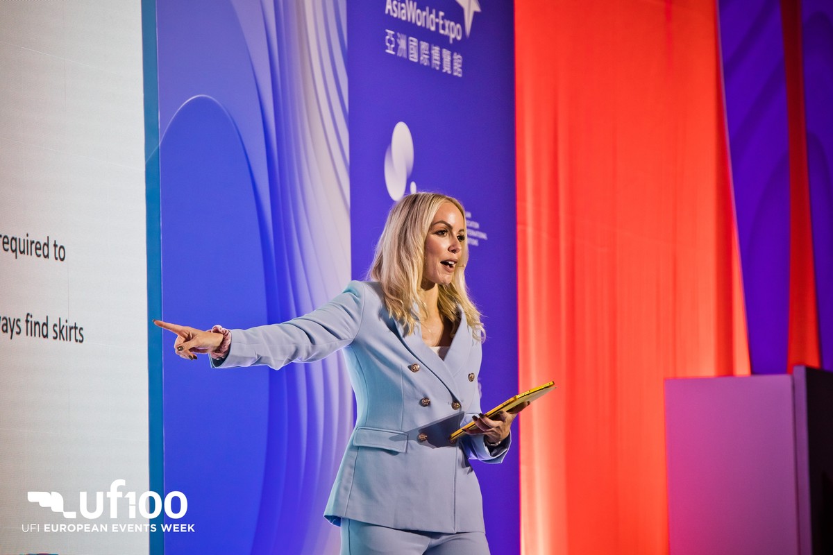 Chloe presenting at UFI European Events Week, Asia World-Expo